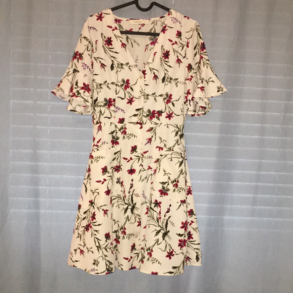 Floral and  Ivory Vintage inspired button down dress by Rokoko